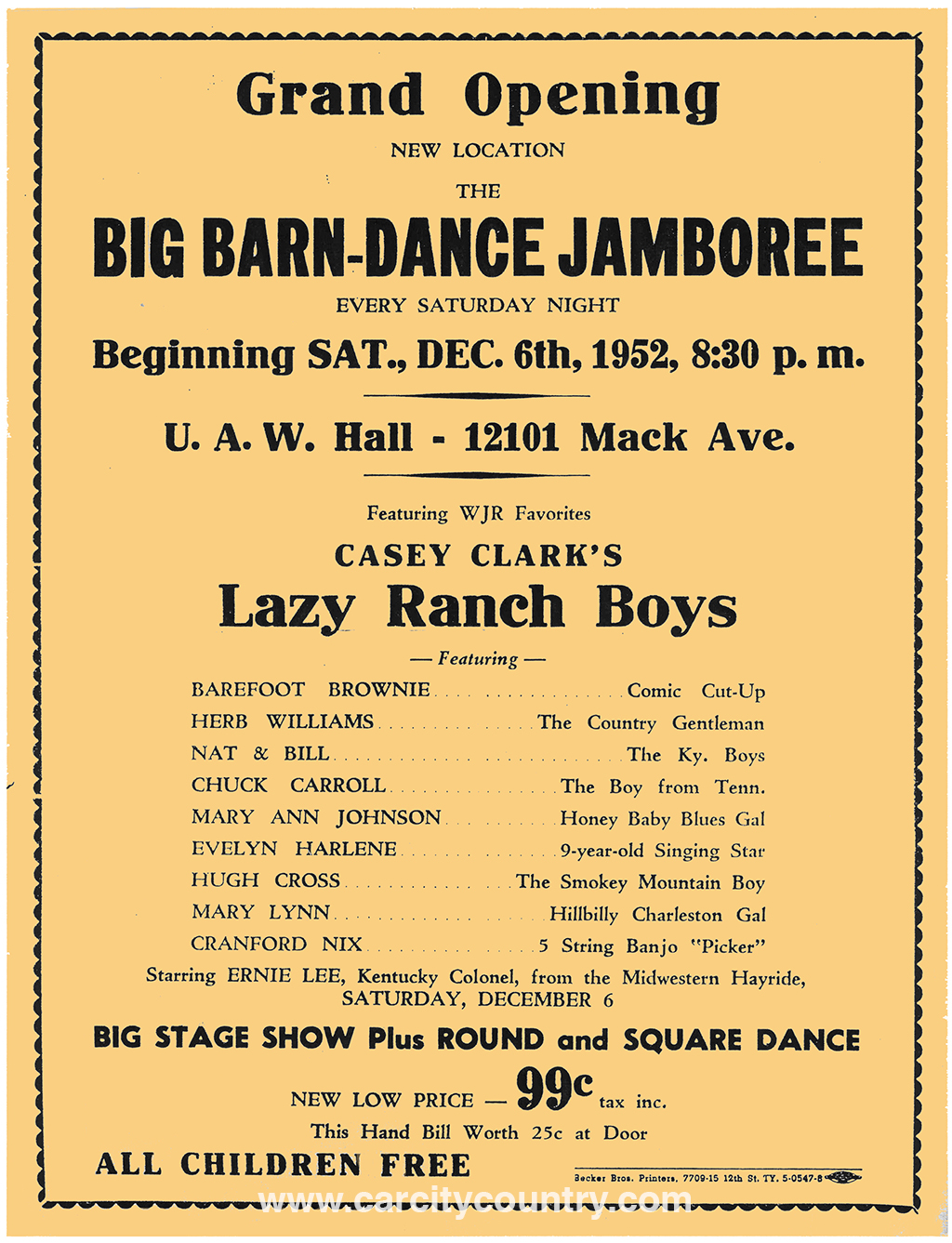 1952 handbill for the Lazy Ranch Boys Barn Dance premier