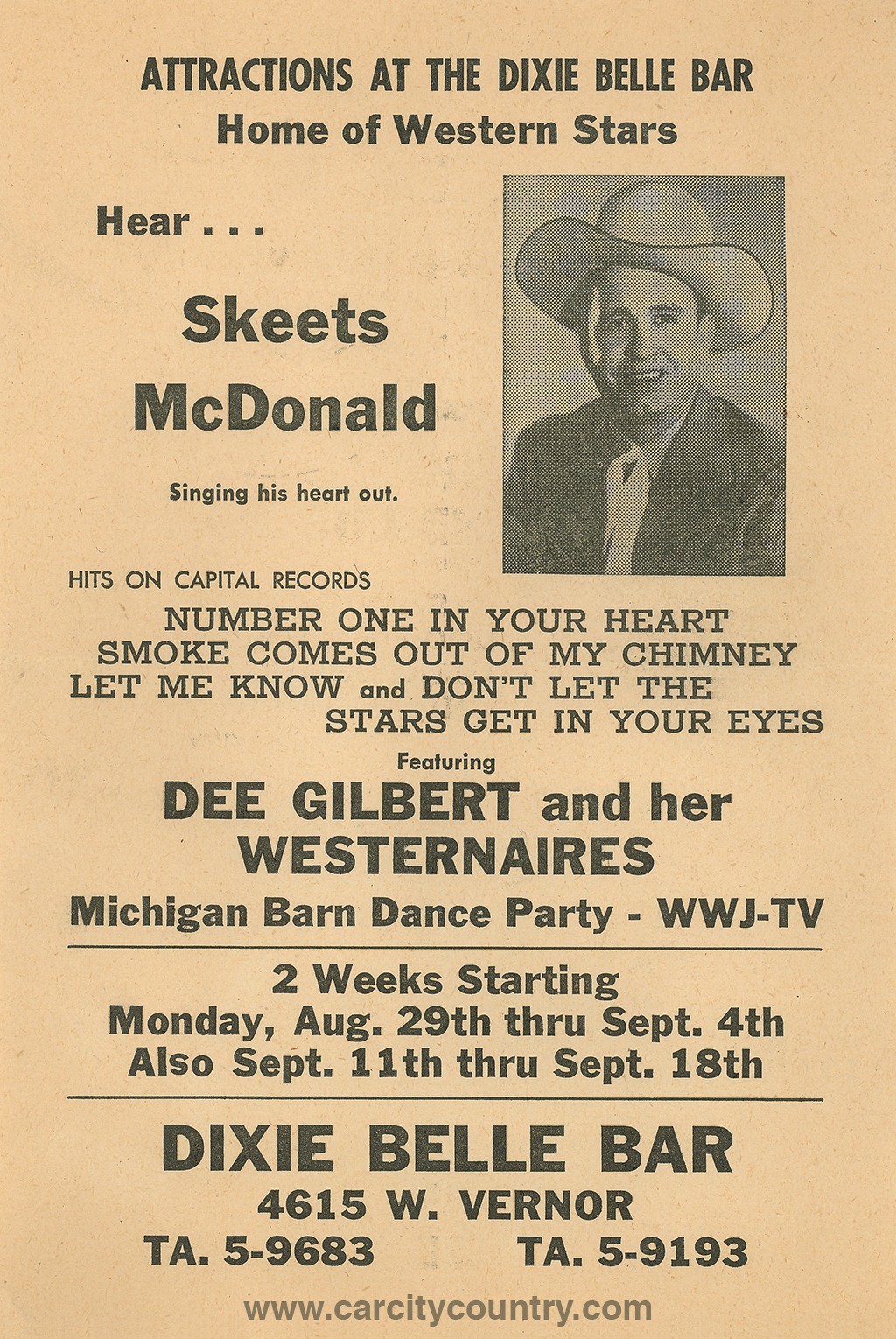 1954 handbill for Skeets McDonald at Dixie Belle Bar