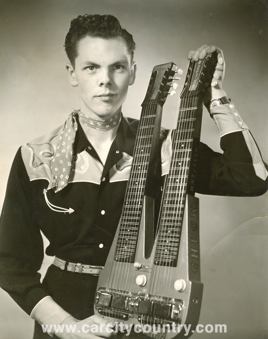 Chuck Hatfield with two-neck steel guitar, ca. 1948. Source: Craig Maki, courtesy Hatfield family