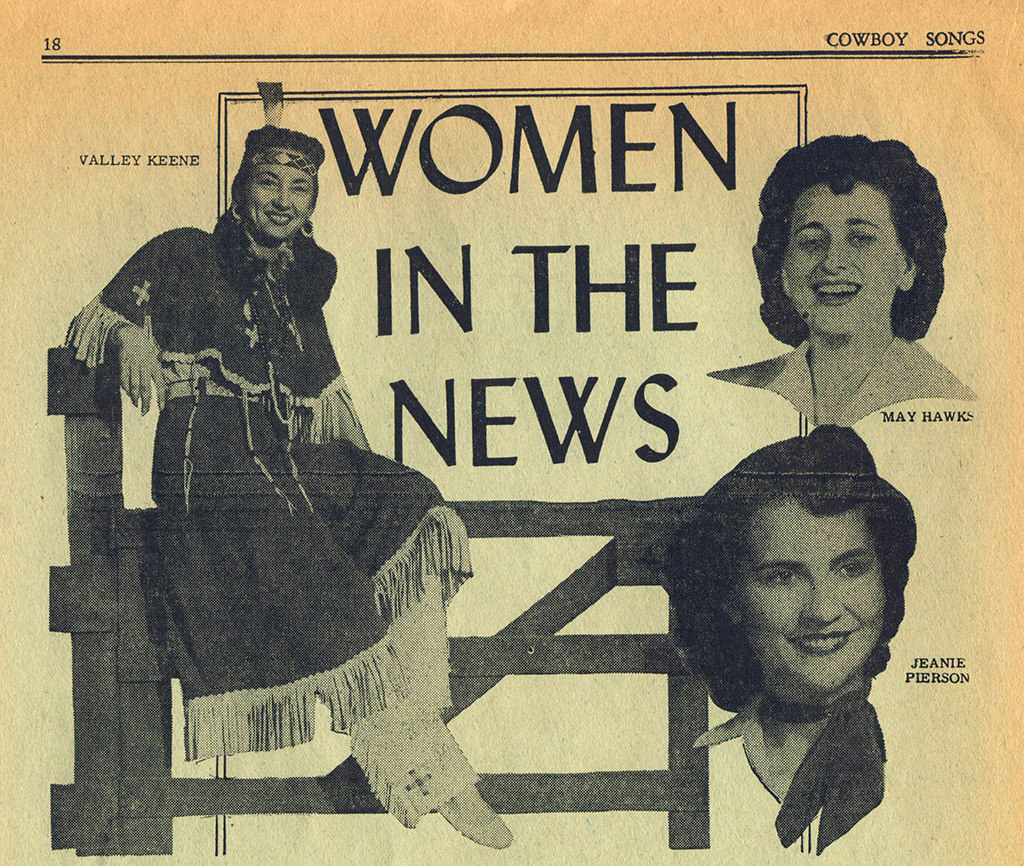 Women in the News feature in Cowboy Songs, no. 37. Valley Keene (left), May Hawks (top right), Jeanie Pierson (bottom right)