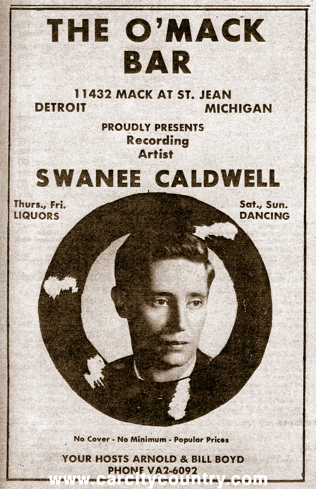 Ad for Swanee Caldwell at the O'Mack Bar in Detroit.