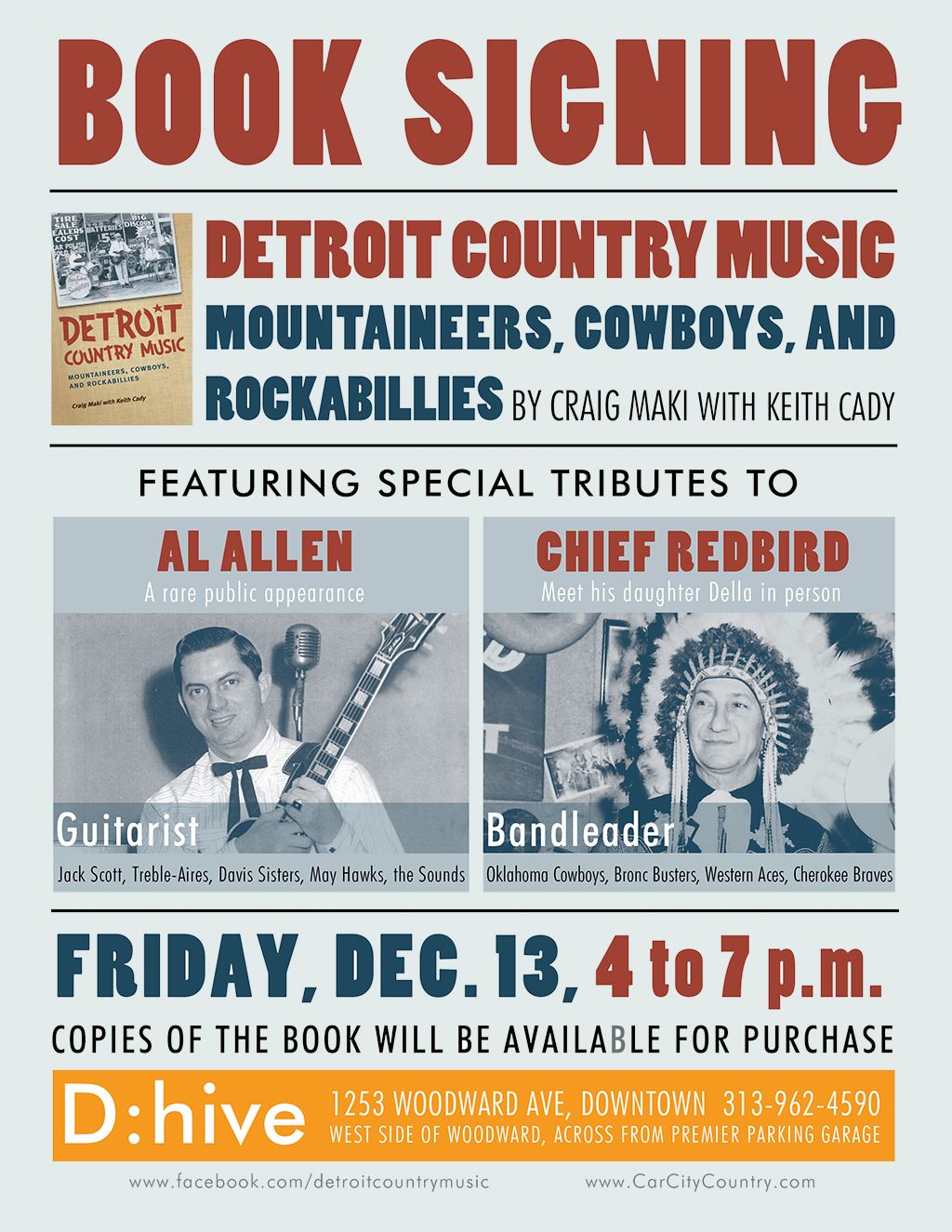 Book signing featuring Chief Redbird's daughter and Al Allen, Dec. 13, 2013, 4 to 6 p.m. at D:hive in downtown Detroit, Michigan
